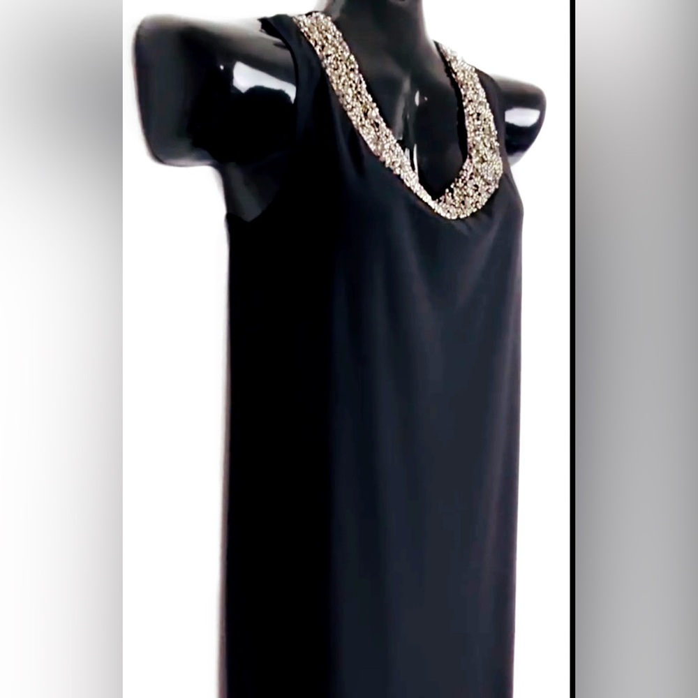 Black Satin Ferl Dress with Embellished Neckline